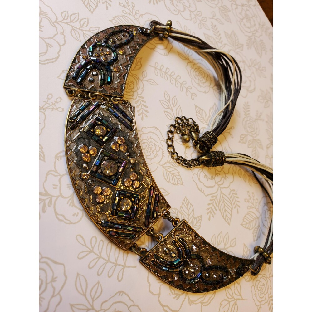 Vintage Artisan Bib Necklace – Iridescent Beaded Mosaic Collar, Bohemian Costume